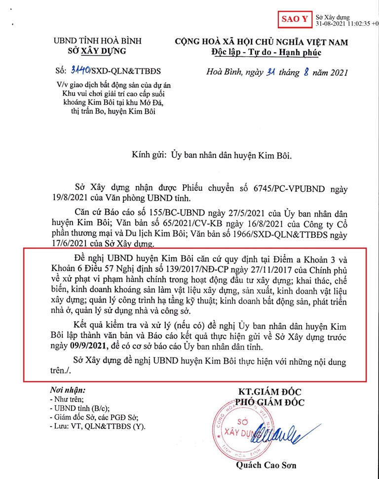  Sở Xây dựng tỉnh Hoà Bình yêu cầu UBND huyện Kim Bôi xử lý vi phạm tại dự án Apec Mandala Kim Bôi xong trước ngày 9/9.